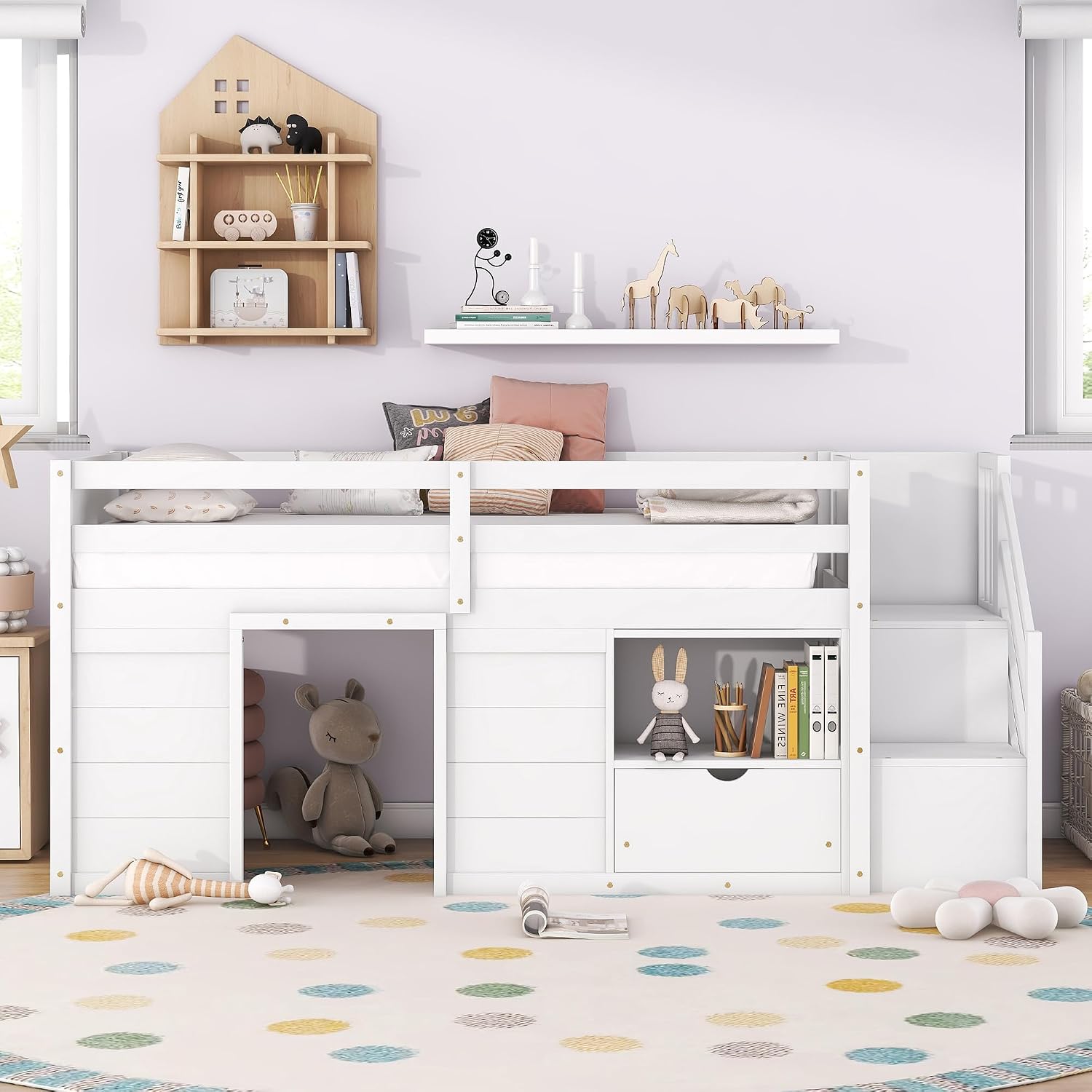 JIVOIT Twin Size Loft Bed with Bookshelf and Storage Drawer, Storage Staircase and Window Design, Wooden Low Loft Bed Frame with Full-Length Guardrail for Kids Teens (White, Bookshelf+Drawer 7)