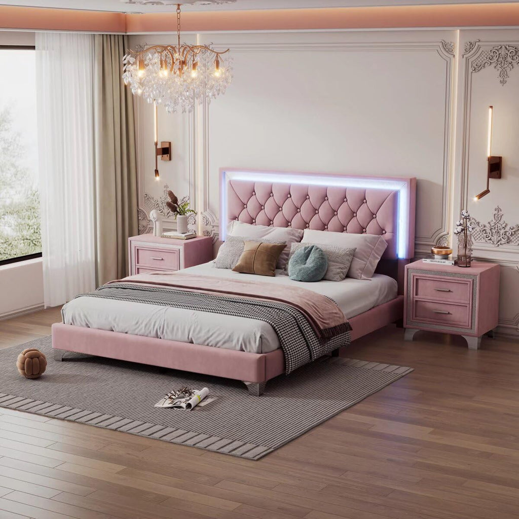 JIJIWANG 3-Pieces Bedroom Sets,Queen Size Upholstered Platform Bed with LED Lights and Two Nightstands for Bedroom,No Box Spring Needed/Easy Assembly (Pink,3-Pieces Queen)