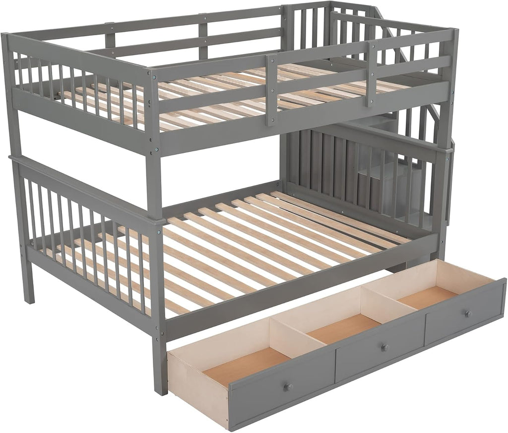Harper & Bright Designs Full-Over-Full Bunk Bed with Storage Drawers, Soild Wood Stairway Bunk Bed with Full-Length Guard Rail Can Be Divided into 2 Beds for Boys Girls, No Box Spring Needed(Grey)