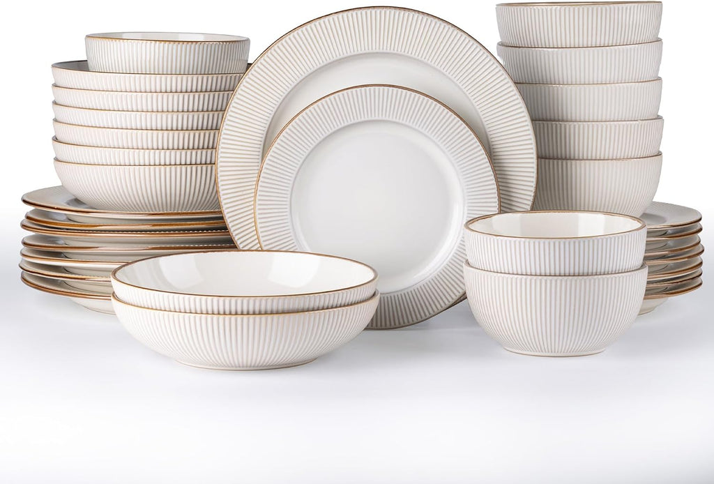 GBHOME Ceramic Dinnerware Sets, 32 pcs Embossed Elegant Stoneware Plates and Bowls Sets, Housewarming Wedding Gift | Dishwasher & Microwave Safe | Dishes Set Service for 8