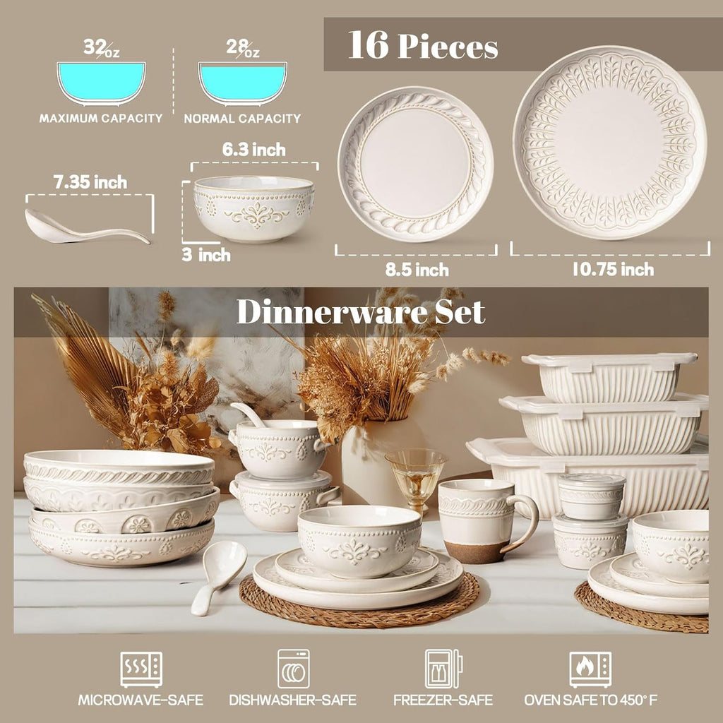Artena Plates And Bowls Sets, 16 Pieces Dinnerware Sets, Dish Set For 4, Ceramic Kitchen Bowl And Plate Set, Embossed White Dishware Sets, Dishwasher & Microwave Safe (Multiple Patterns)