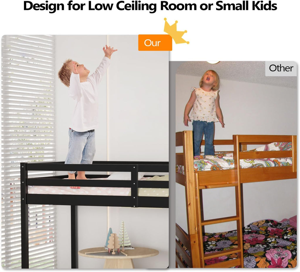 VINGLI 47'' Tall Junior Low Loft Bed with Stairs, Wood Loft Bed Twin Size for Adults, Kids and Young Teens, No Box Spring Required,Wood Slat Support, Black