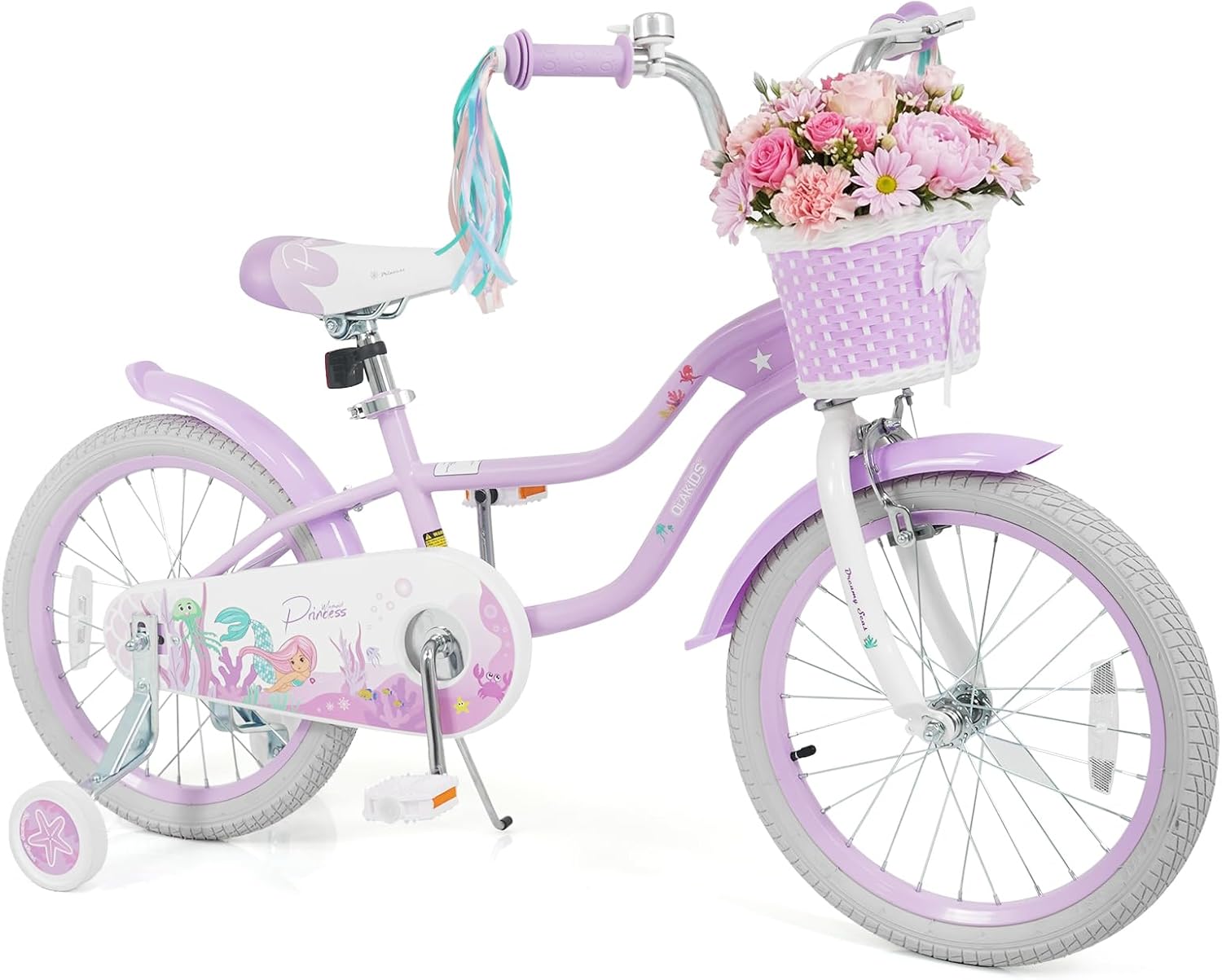 Olakids Kids Bike, 12 14 16 18 20 Inch Mermaid Theme Girls Bicycle with Training Wheels Basket Adjustable Seat and Handlebar Dual Brake