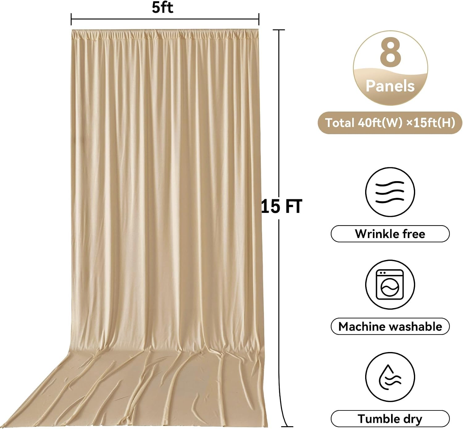 40ftx15ft Champagne Backdrop Curtains for Parties, Wrinkle Free Polyester Photo Backdrop Drapes 8 Panels 15 ft Long Back Drop Cloth for Wedding Birthday Photography Background Party