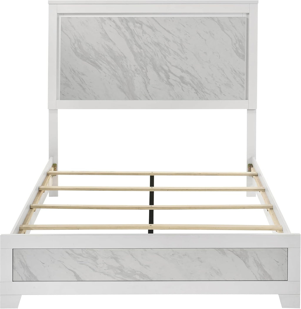 Furniture of America Anton Modern Solid Wood 6-Piece Bedroom Set with Faux Marble Headboard Bed, Metal Center Glide on Nightstands, Chest and Dresser with Mirror, Box Spring Needed, Full, White