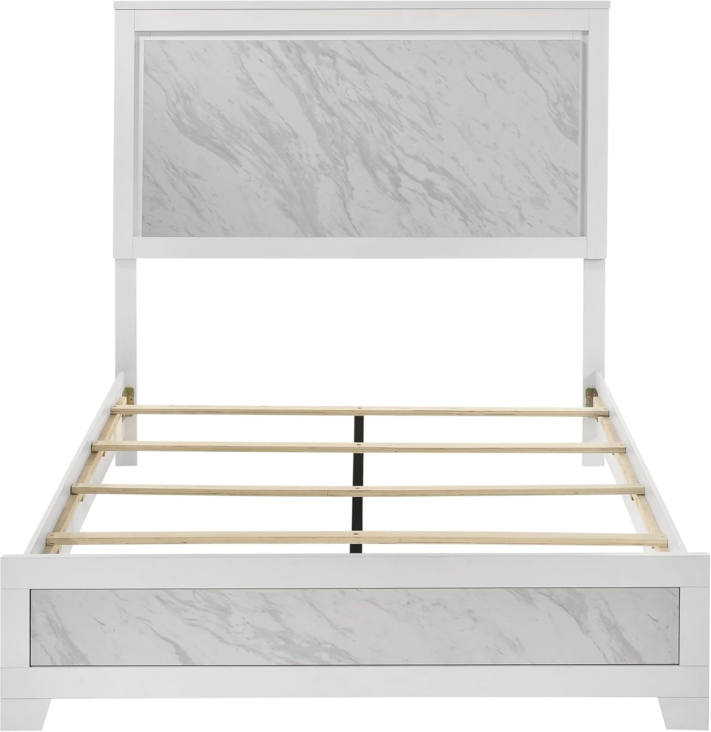 Furniture of America Anton Modern Solid Wood 6-Piece Bedroom Set with Faux Marble Headboard Bed, Metal Center Glide on Nightstands, Chest and Dresser with Mirror, Box Spring Needed, Full, White
