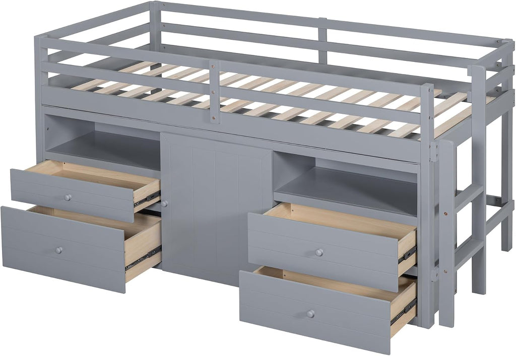 JIVOIT Twin Size Loft Bed with 4 Drawers, Underneath Cabinet and Shelves, Muti-Functional Loft Bed with Full-Length Guardrails and Ladder, Space-Saving Low Loft Bed for Kids Teens (Gray & 4 Drawers)