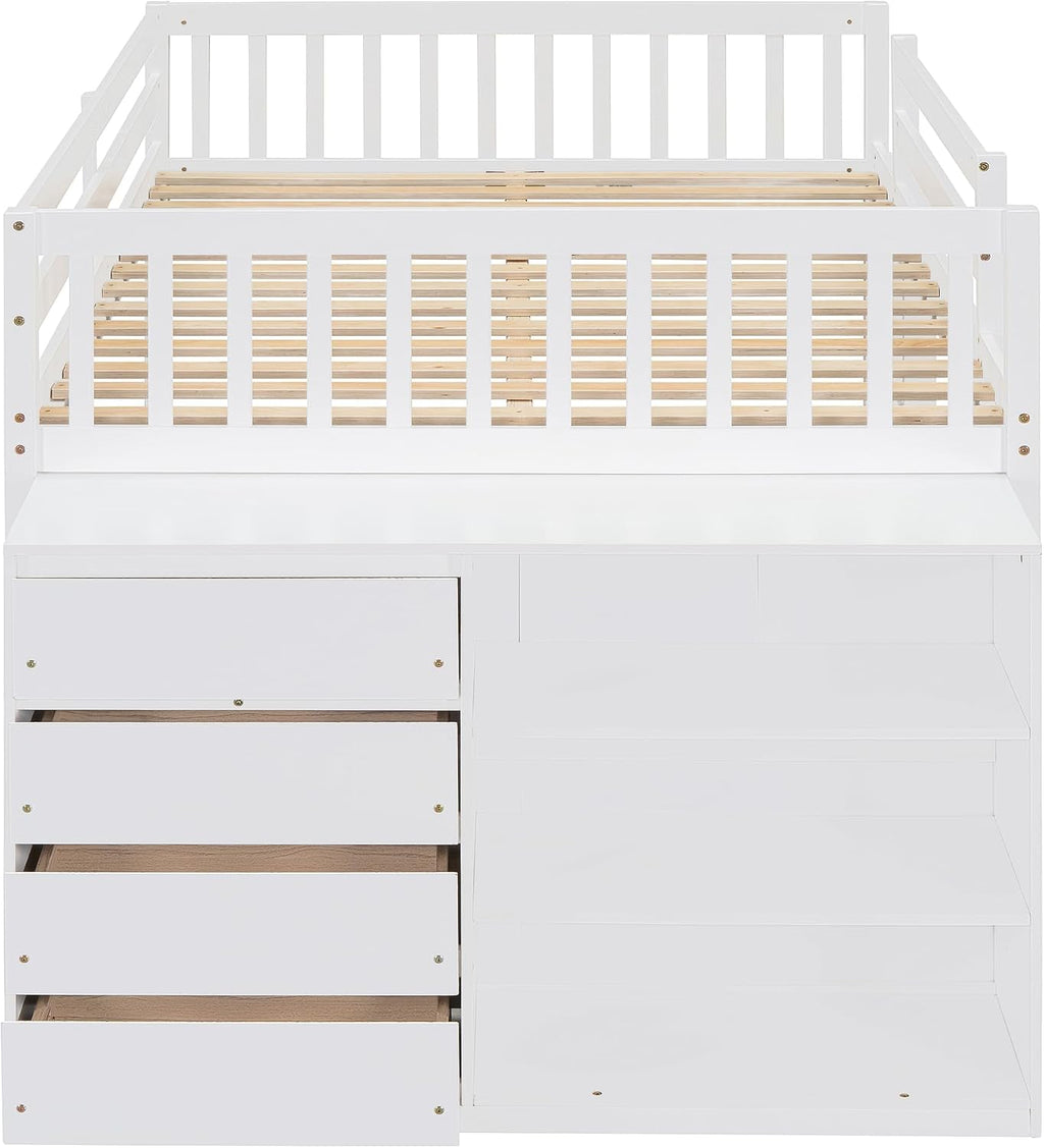 DNYN Full Over Full Bunk Bed with Storage Shelves & 4 Drawers for Kids Bedroom,Wooden Bedframe w/Ladder & Safety Guardrails,Super Save Space & No Box Spring Needed, White