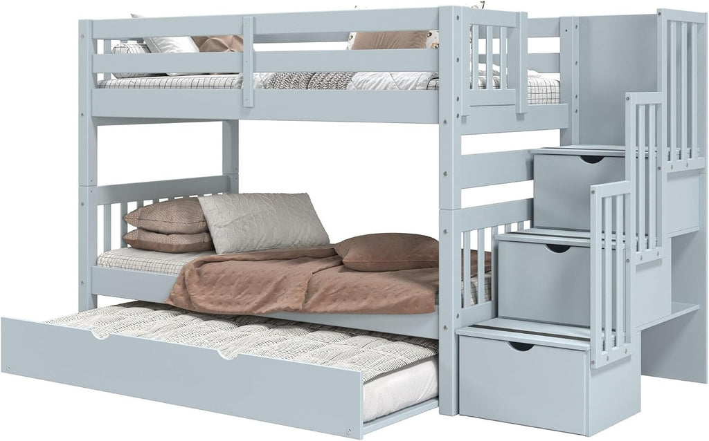 Bedz King Stairway Bunk Beds Twin Over Twin, 3 Step Drawers and a Twin Trundle, Breezy Blue