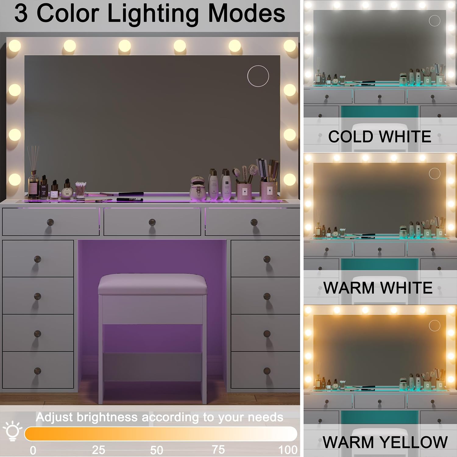 Makeup Vanity Desk with RGB Lights and Large 47.2'' Mirror, 11 Drawers Makeup Vanity with Lighted Mirror, 3 Color Option, Brightness Adjustable, Make Up Vanity with Charging Station Woman, White