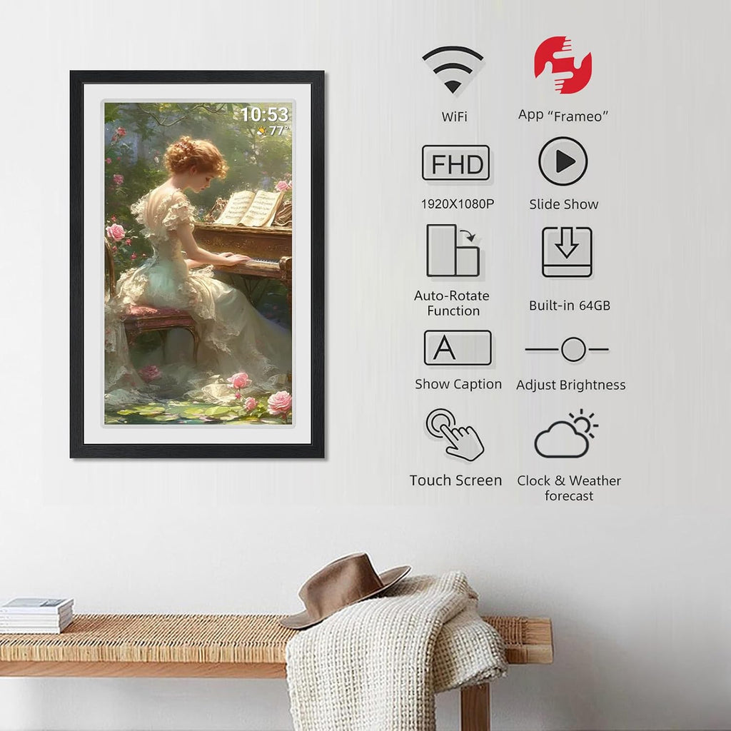 21.5inch FRAMEO Digital Photo Frame with 1920x1080 FHD IPS LCD Touch Screen, Dual-WiFi Share Moments via Frameo, 32GB Storage, USB Drive/SD Card Extend Storage, Auto-Rotate, Wall Mountable with VESA