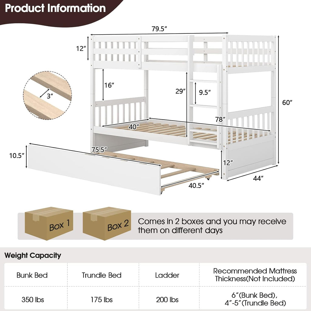 Giantex Twin Over Twin Bunk Bed with Trundle, Convertible Platform Bed Frame with Ladder & Solid Wood Frame, Space-Saving Bunk Bed for Teens & Adults, No Box Spring Needed, White