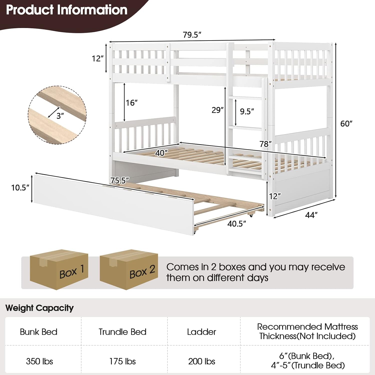 Giantex Twin Over Twin Bunk Bed with Trundle, Convertible Platform Bed Frame with Ladder & Solid Wood Frame, Space-Saving Bunk Bed for Teens & Adults, No Box Spring Needed, White