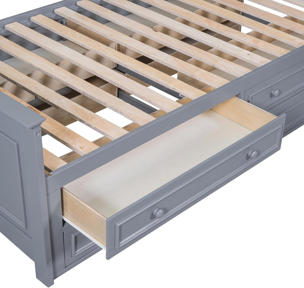 Twin Size Platform Bed with All-in-One Vertical Cabinet Bookcase, Solid Wood Captain's Bed Platform Bed Frame with 4 Drawers on Each Side, Storage Headboard (Grey-A)