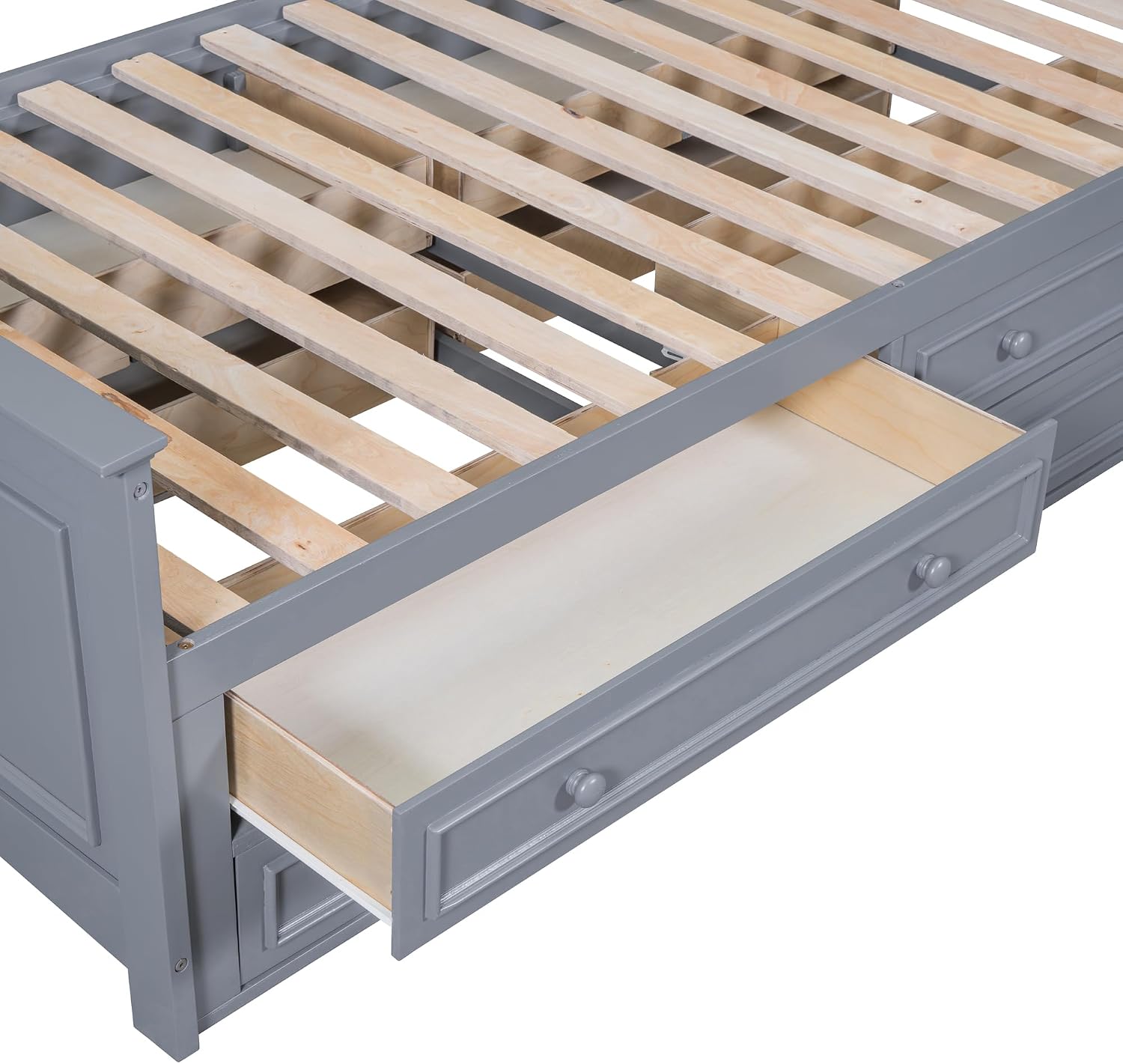 Twin Size Platform Bed with All-in-One Vertical Cabinet Bookcase, Solid Wood Captain's Bed Platform Bed Frame with 4 Drawers on Each Side, Storage Headboard (Grey-A)
