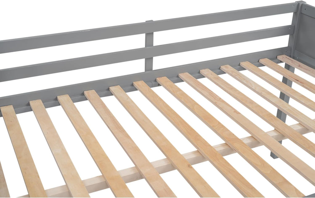 Full Size Loft Bed, Wood Loft Bed with Convertible Ladder, Ladder can be Placed on the Left or Right, Low Loft Bed with Full-Length Guardrails, No Box Spring Required (Gray,Full & Convertible Ladder)