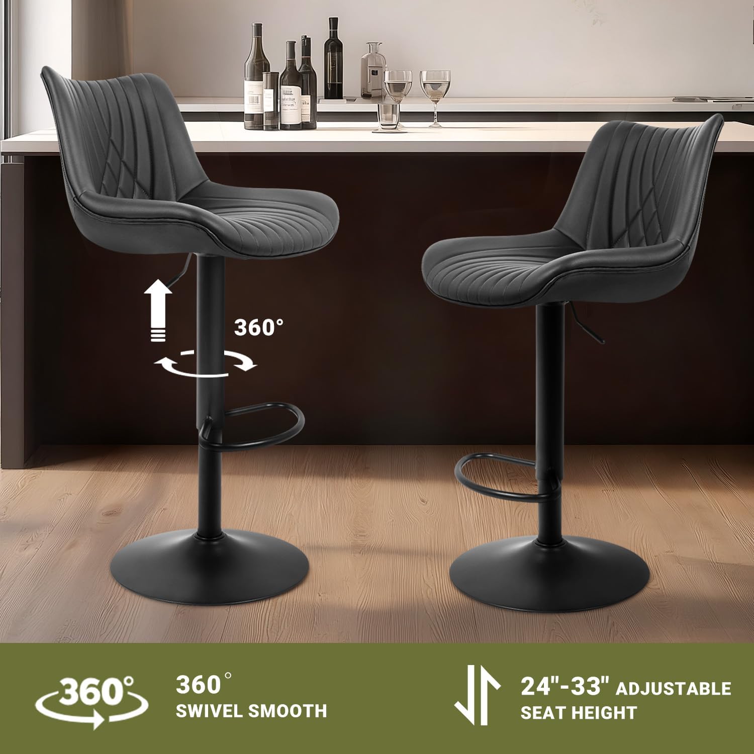 Swivel Bar Stools Set of 4, Height Adjustable Counter Height Bar Stools with Open Back and Footrest, Premium Faux PU Leather, Modern Upholstered Bar Chairs for Kitchen Island/Bar/Counter, Black