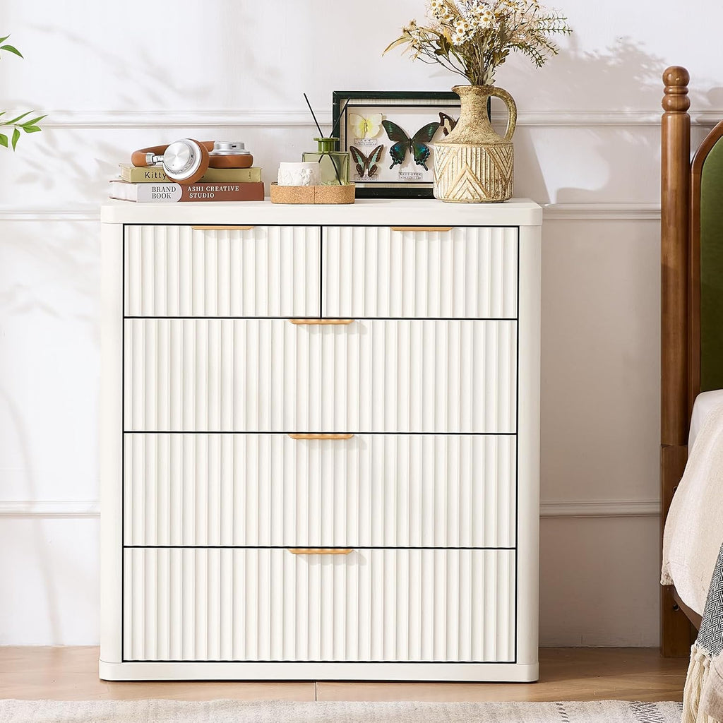 LEYAOYAO Fluted 5 Drawers Dresser for Bedroom, 34' Tall Modern Chest of Drawers with Metal Handle, Curved Profile Design,White Wood Drawer Organizer for Bedroom, Living Room, Hallway, Entryway