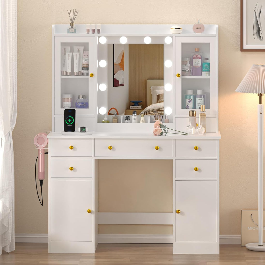 Wodeer Vanity Desk with Mirror and Lights, 43' White Makeup Vanity Set with 5 Drawers & Glass Cabinets, Makeup Tray, Power Outlet & Adjustable LED Lights, Dressing Table for Women Girls Bedroom