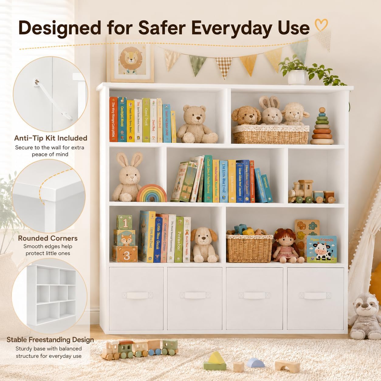 EROMMY Toy Storage Organizer and Kids Bookshelf, 7 Cubbies, 4 Drawers | 50'W x 47'H storage cabinet with anti-tip kit and removable fabric drawers for playrooms, bedrooms, and nurseries