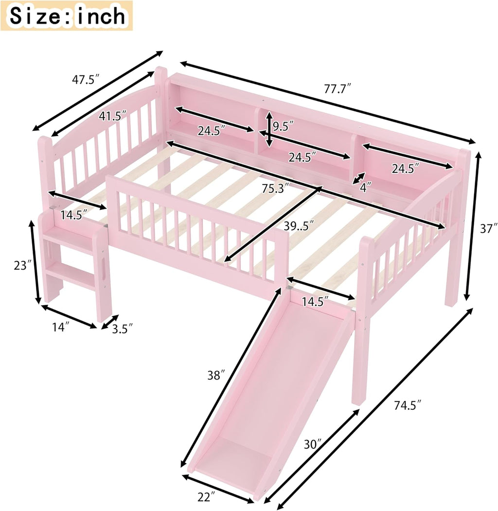 JIVOIT Twin Loft Bed with Storage Shelves, Solid Wood Lower Loft Bed with Full-Length Guardrails, Wood Slats Support, Space-Saving Design, No Box Spring Needed (Pink,Twin,51)
