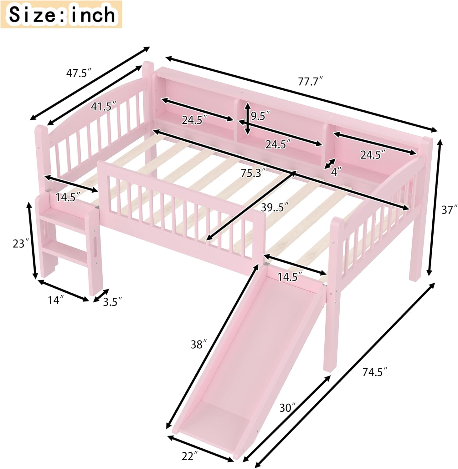 JIVOIT Twin Loft Bed with Storage Shelves, Solid Wood Lower Loft Bed with Full-Length Guardrails, Wood Slats Support, Space-Saving Design, No Box Spring Needed (Pink,Twin,51)