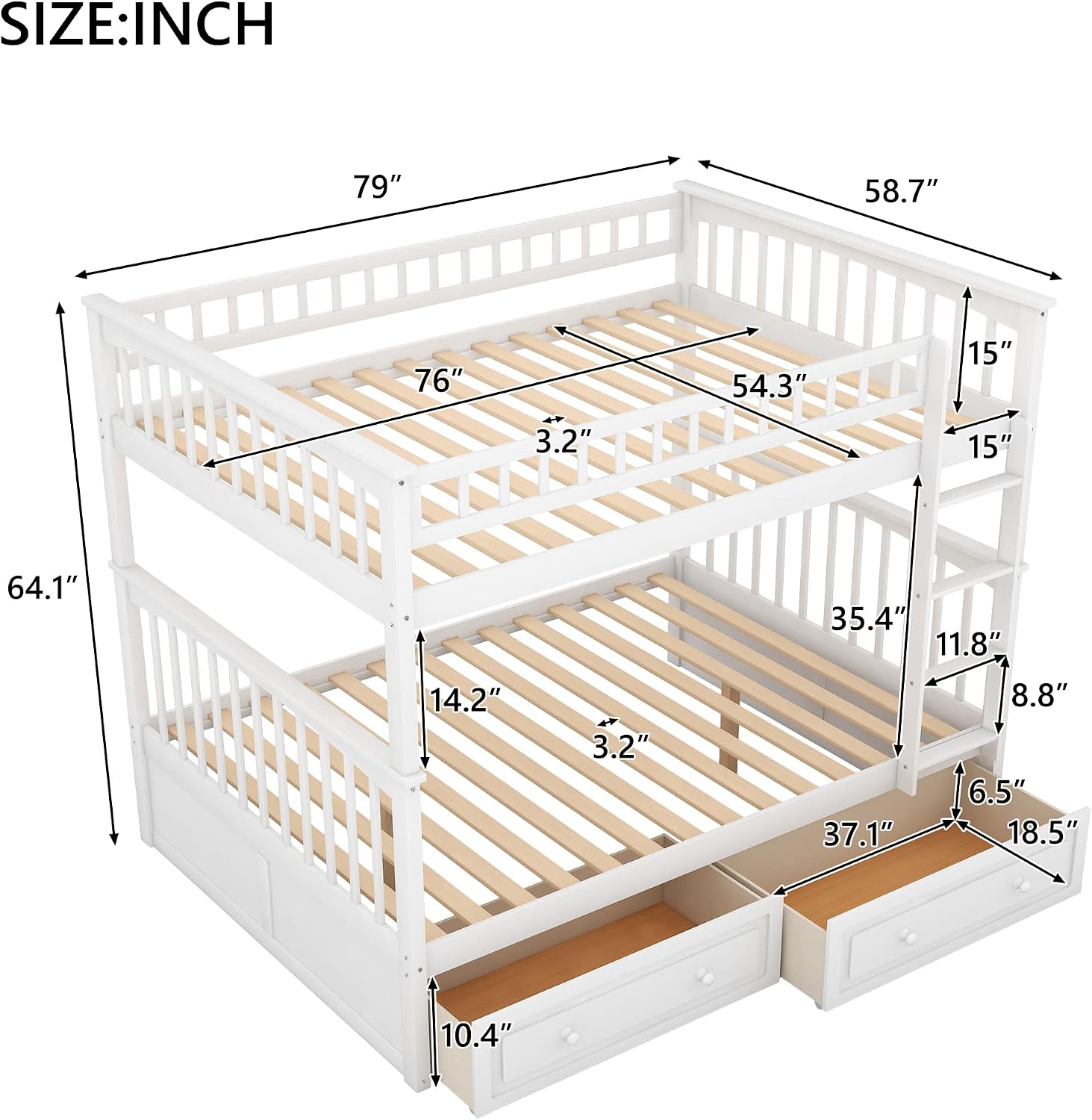 Full Over Full Wood Bunk Bed with Two Storage Drawers, Solid Wood Convertible Storage Bunk Bed Can Be Convertible to 2 Beds, Frame with Ladder, Safety Rail for Teens Adults (Gray)