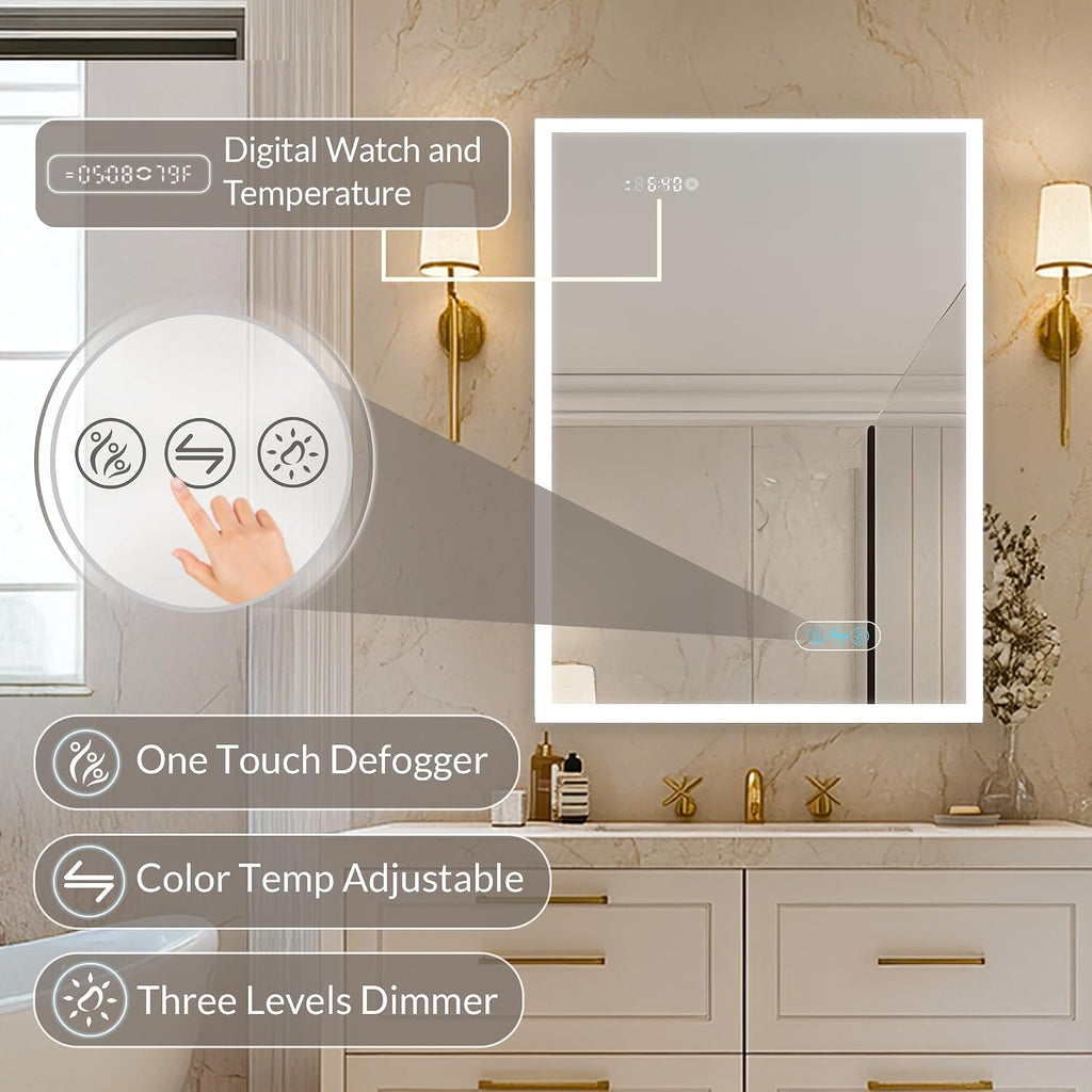 Blossom LED Lighted Mirror Medicine Cabinet, 24x32 Inch, Left Hinge, Recessed/Surface Bathroom LED Medicine Cabinet with Mirror, Defogger, Adjustable Brightness, 3X Makeup Mirror, Outlets & USB Ports