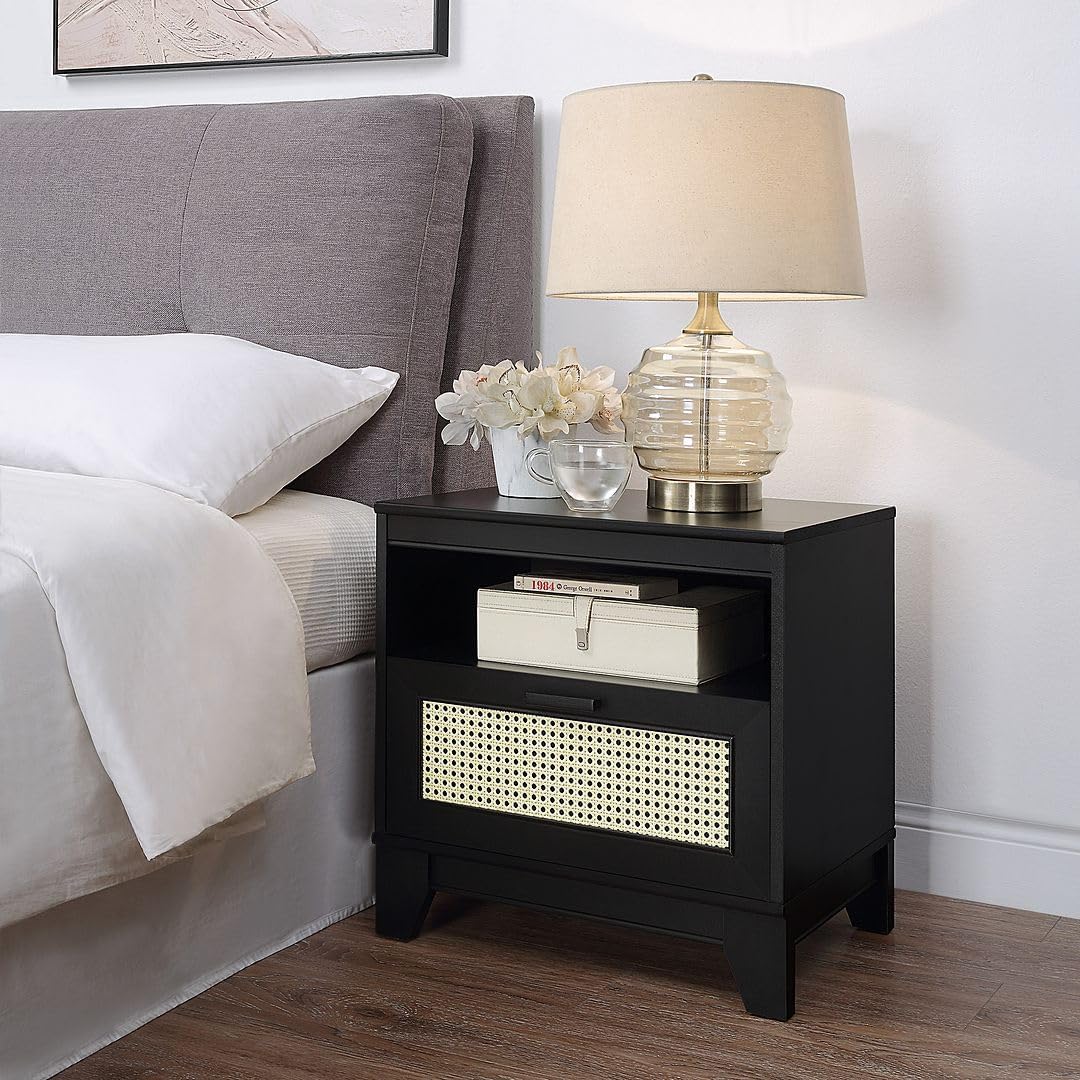 Manhattan Comfort Sheridan Cane Nightstand with Full-Extension Drawer and Open Shelf Cubby, Mid-Century Modern Bedside End Table, Boho Night Stand Accent Table for Bedroom or Living Room in Black