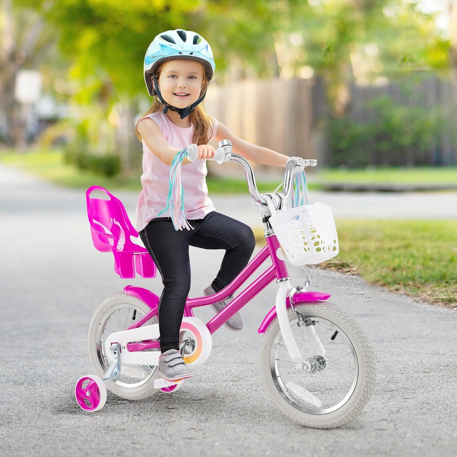 HONEY JOY Kids Bike, 12 14 16 18 Inch Girls Bike w/Training Wheels, Doll Seat, Streamers, Handbrake & Coaster Brake, Fully Enclosed Chain, Princess Style Children Bicycle, Gift for Girls 3-8