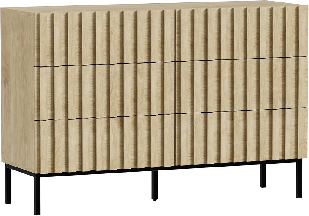 UEV Fluted Dresser for Bedroom with 6 Drawer, 47' Double Chest of Drawers with Metal Stand, Mid-Century Accent TV Stand, Wooden Closet Storage Organizer for Living Room, Hallway (Ivory White)