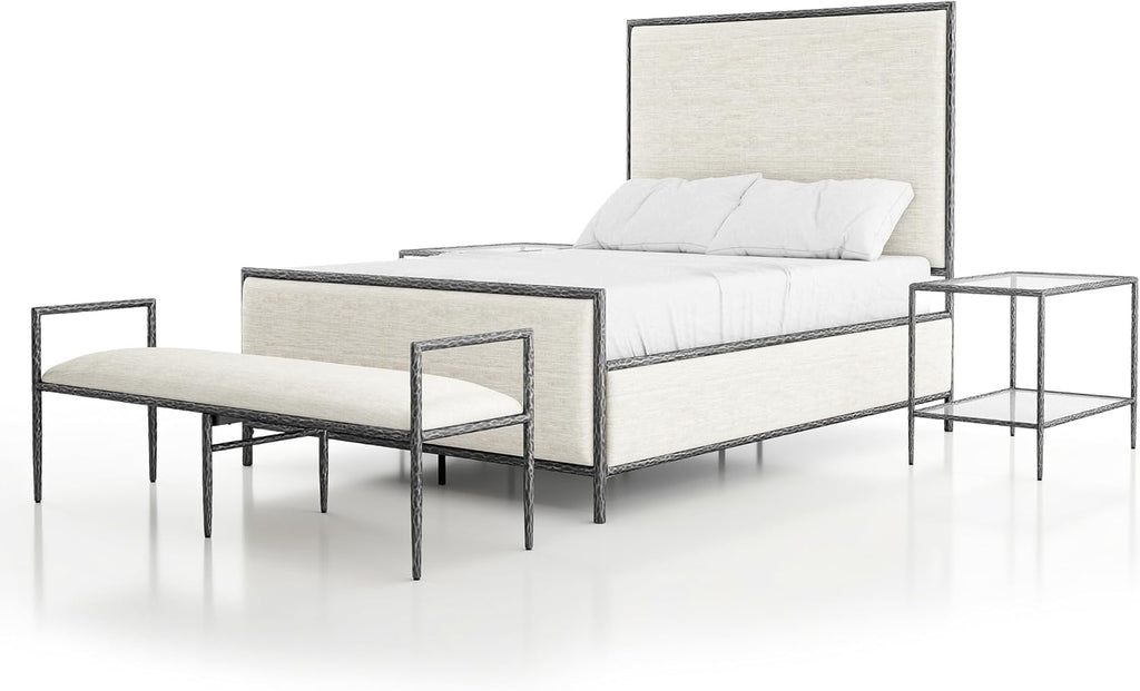 24/7 Shop at Home Lalia Hammered Metal 4-Piece Bedroom Collection, Upholstered Bed Frame with Beige Fabric Headboard, Bench and 1-Shelf Nightstands, Foundation Required, Full, Matte Grey