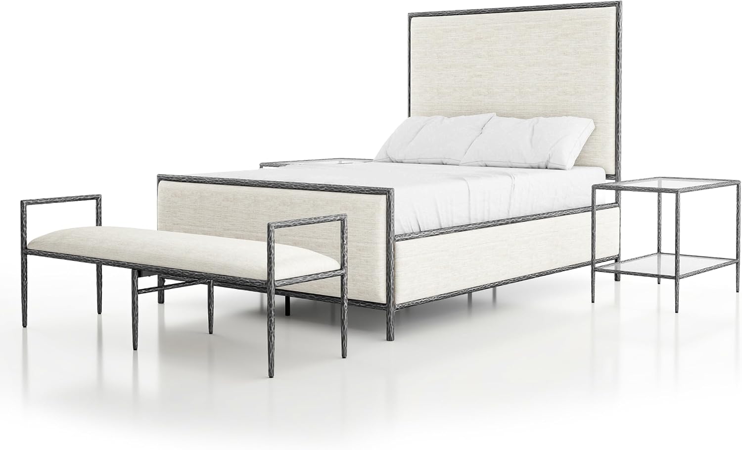 24/7 Shop at Home Lalia Hammered Metal 4-Piece Bedroom Collection, Upholstered Bed Frame with Beige Fabric Headboard, Bench and 1-Shelf Nightstands, Foundation Required, Full, Matte Grey
