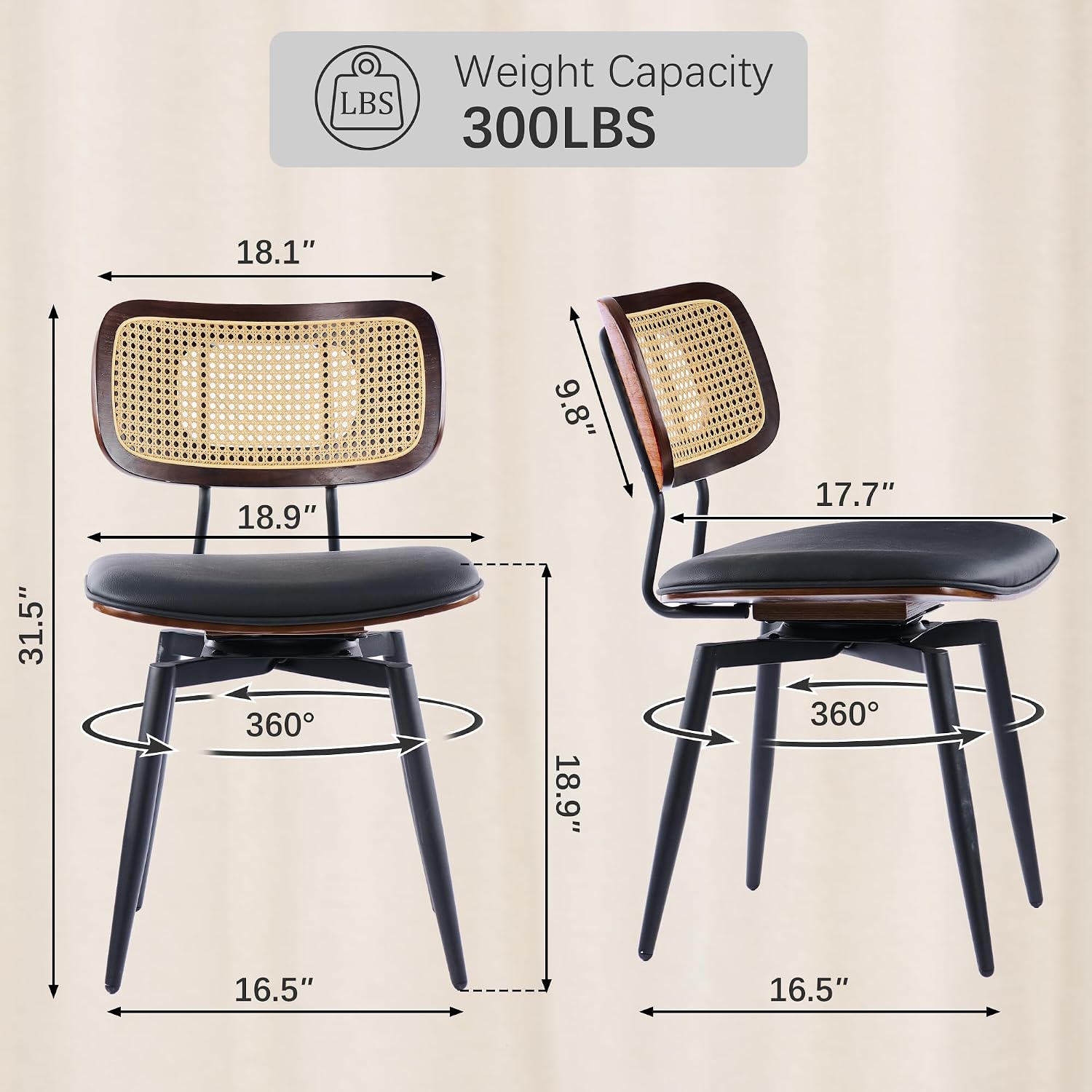 Dining Chairs, Swivel Dining Chairs Set of 4, Faux Leather & Rattan Walnut Dining Room Chairs, Bentwood & Metal Frame Upholstered Chairs with 360°Rotation, Modern Kitchen/Living Room Chair (Black)