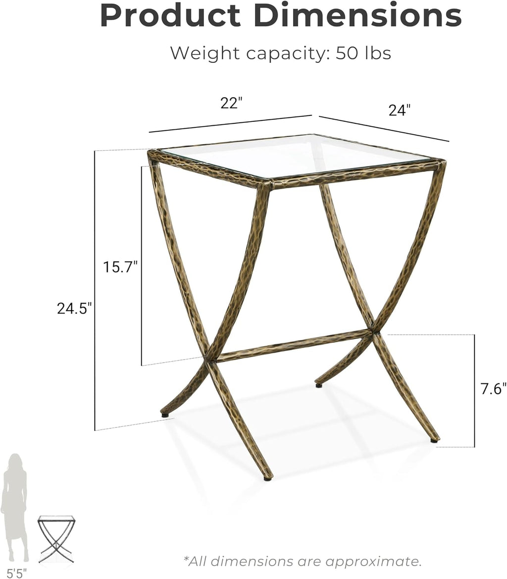 24/7 Shop at Home Lalia Hammered Metal 3-Piece Bedroom Collection, Upholstered Bed Frame with Camelback Headboard, Forged Steel and Curved Nightstands, Foundation Required, Queen, Matte Gold