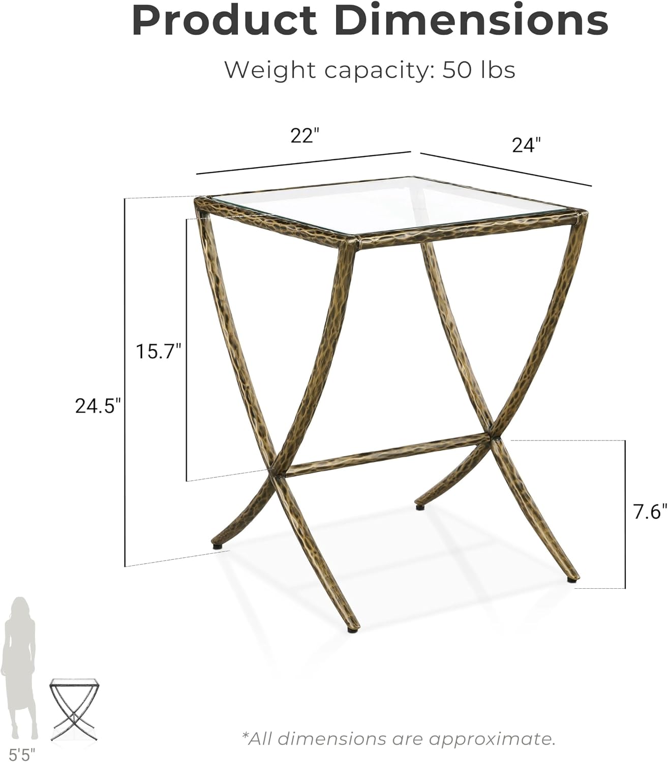 24/7 Shop at Home Lalia Hammered Metal 3-Piece Bedroom Collection, Upholstered Bed Frame with Camelback Headboard, Forged Steel and Curved Nightstands, Foundation Required, Queen, Matte Gold