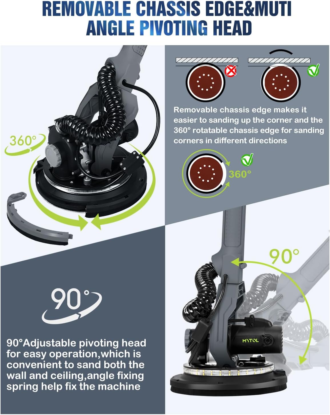 MYTOL Drywall Sander, 7.2A Electric Drywall Sander with Vacuum Dust Collection, 6 Variable Speed 900-1800RPM, LED Light, Foldable & Extendable Handle, 9 Pcs Sandpaper&3 Pcs Grid Sandpaper, Full Green
