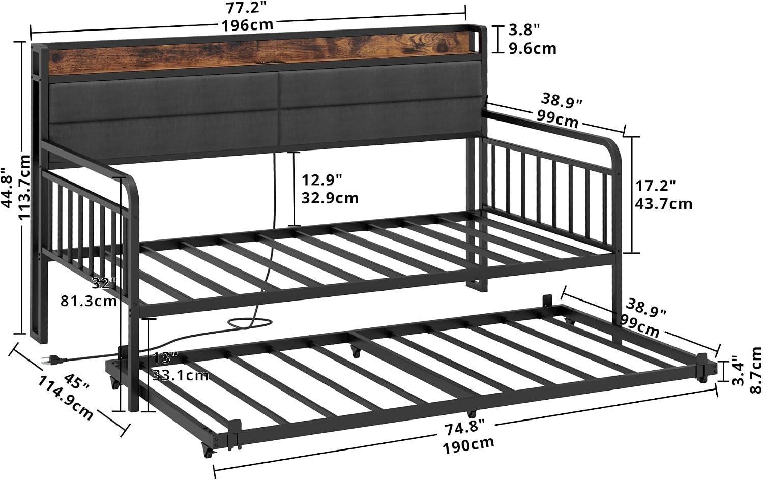LIKIMIO Daybed with Trundle, Sturdy Metal Twin Bed Frame with Upholstered Headboard and Charging Station for Living Room, Bedroom and Guest Room, Black