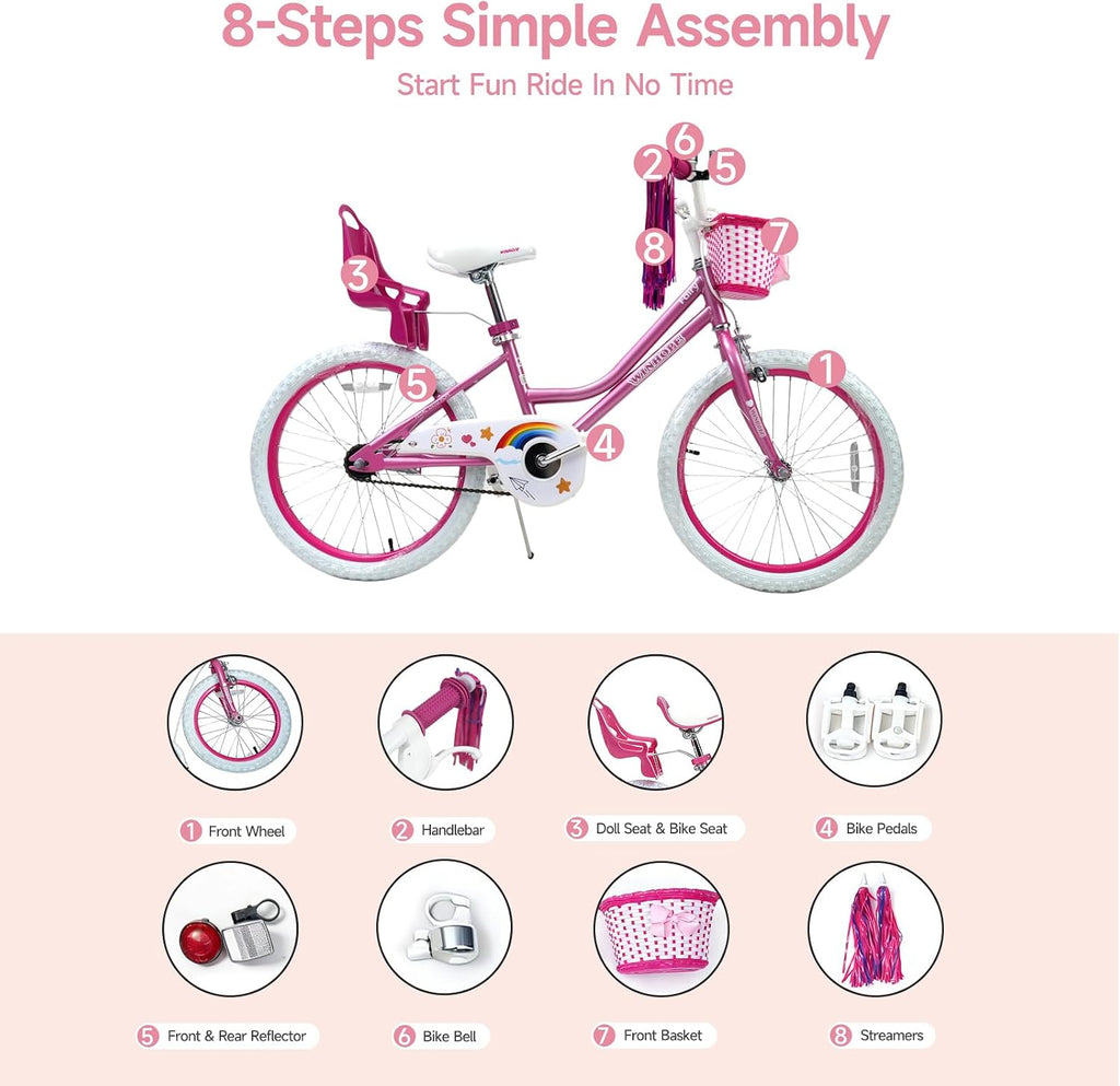 WinHope Girls Bike with Doll Seat, 12 14 16 18 20 Inch Kids Bike for 2-12 | Dual Brake with Training Wheels / Kickstand & Streamers Birthday Gift for Toddler Outdoor Riding, Multiple Colors