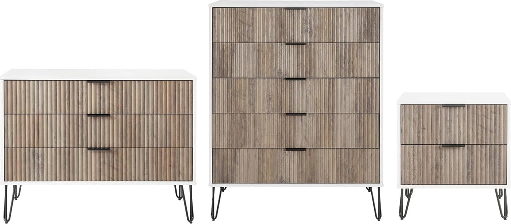 Manhattan Comfort Dumbo 3-Piece Modern Dresser Drawer and Nightstand Set, Tall and Standard - Vertical Ribbed Design - No Tool Assembly Storage for Bedroom & Living Room, White/Grey
