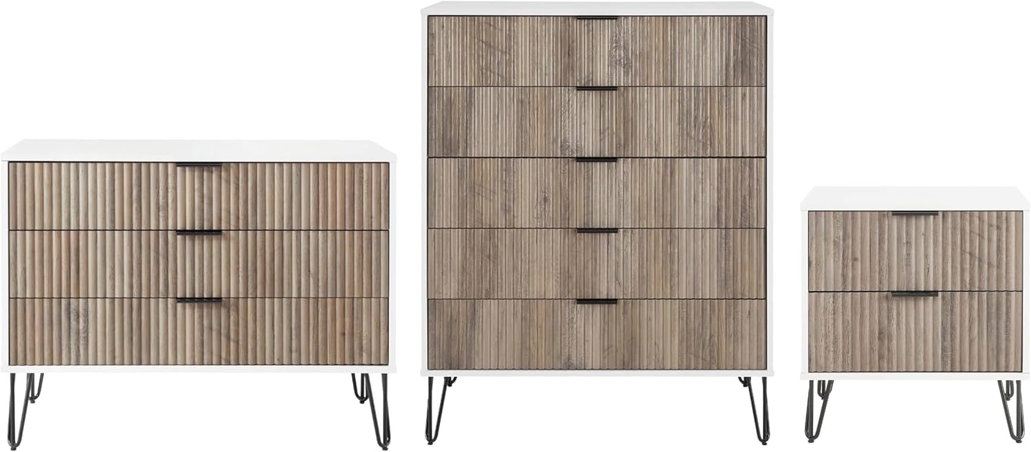 Manhattan Comfort Dumbo 3-Piece Modern Dresser Drawer and Nightstand Set, Tall and Standard - Vertical Ribbed Design - No Tool Assembly Storage for Bedroom & Living Room, White/Grey
