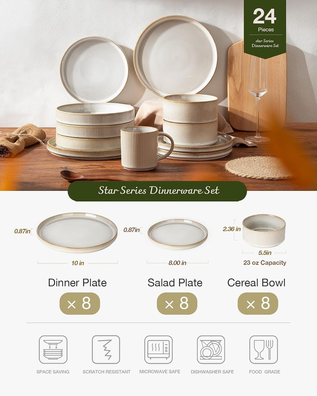 Famiware Star Plates and Bowls Sets, Modern Stoneware Dinnerware Sets for 8, 24-Piece Kitchen Dish Set - Microwave and Dishwasher Safe, Chip and Scratch Resistant, Cappuccino White