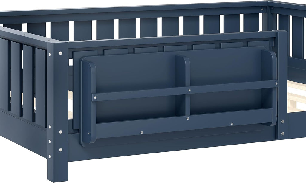 Bellemave Full Size Montessori Floor Bed with Slats and Fence, Full Size Montessori Bed with Rails and Bookcase, Easy Assemble Floor Beds Frame,Blue