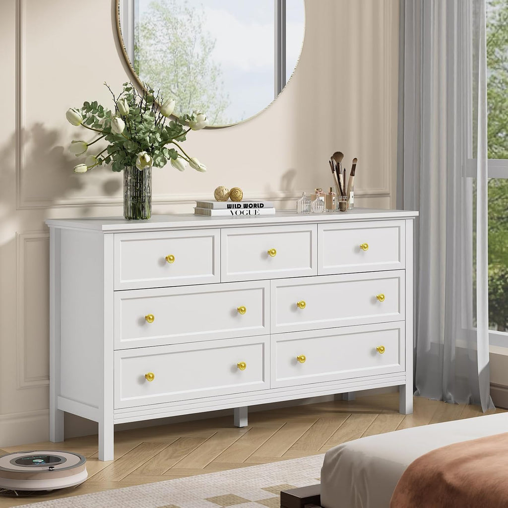 CARPETNAL White Dresser for Bedroom, 7 Drawer Dresser with Wide Drawers and Gold Metal Handles, 55' White and Gold Dressers TV Stand, Modern Dressers & Chests of Drawers for Hallyway, Entryway