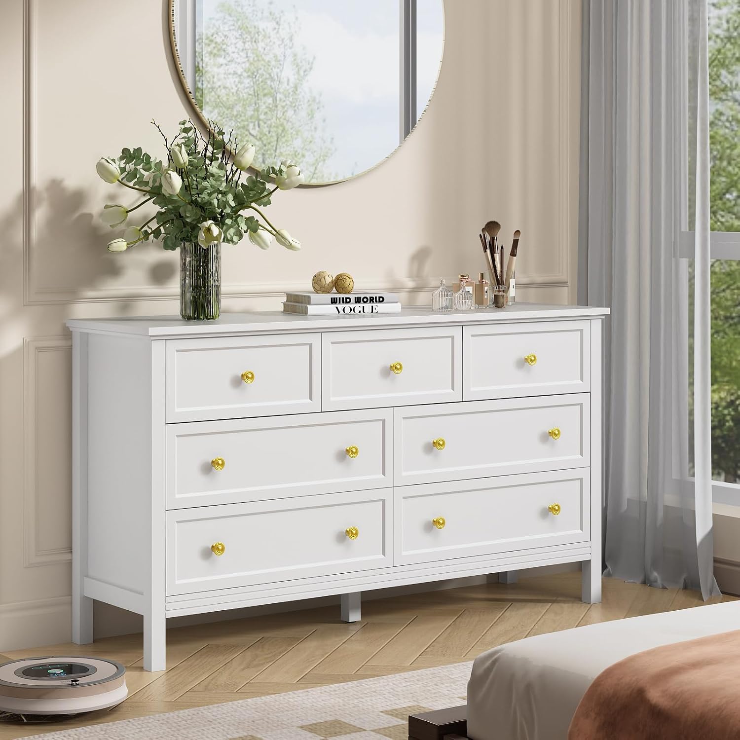 CARPETNAL White Dresser for Bedroom, 7 Drawer Dresser with Wide Drawers and Gold Metal Handles, 55' White and Gold Dressers TV Stand, Modern Dressers & Chests of Drawers for Hallyway, Entryway