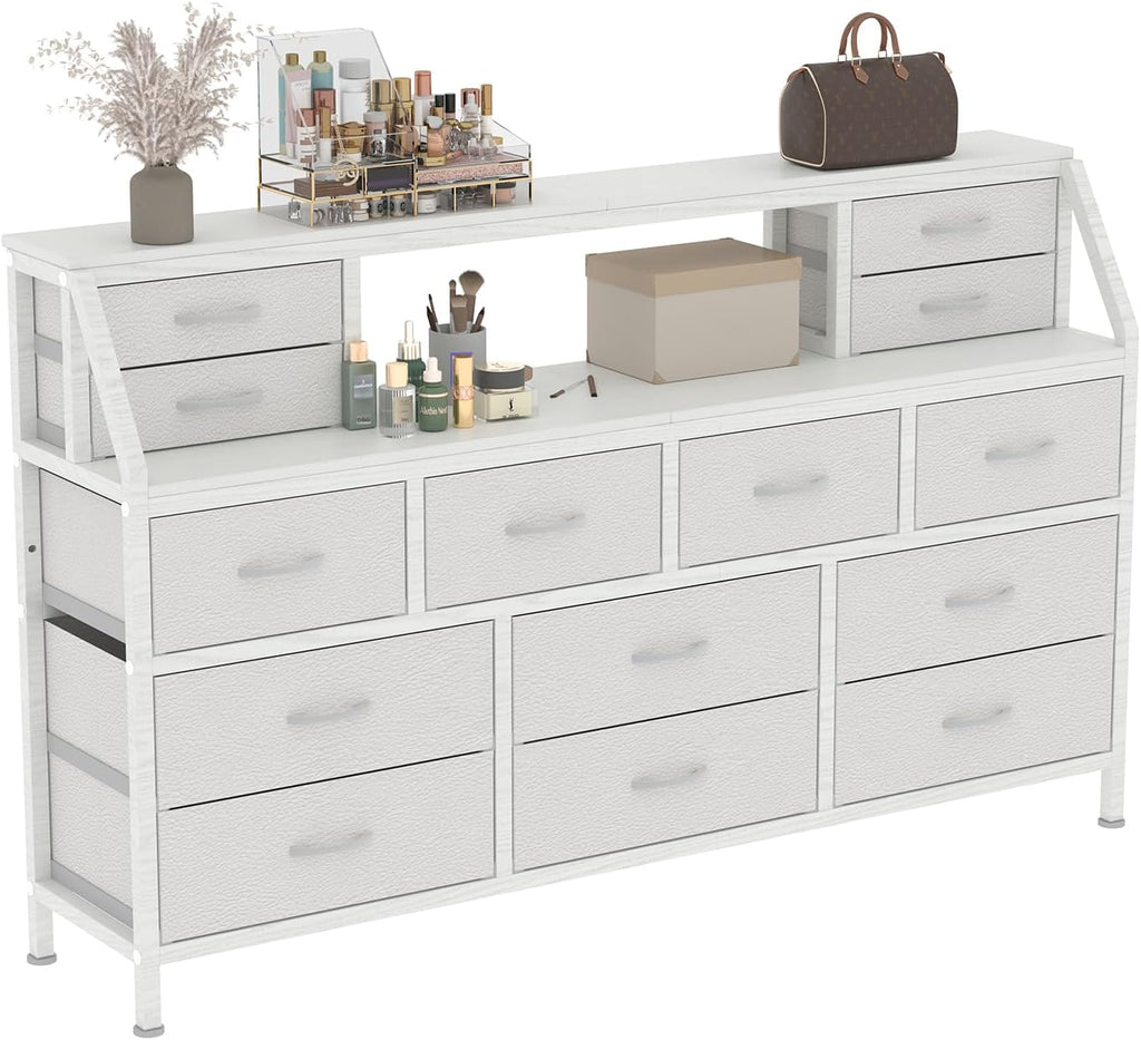 Dresser for Bedroom, 55' TV Stand with 14 Drawers, Long Dresser & Chests of Drawers with Shelves & Sturdy Metal Frame & Wood Top (White)