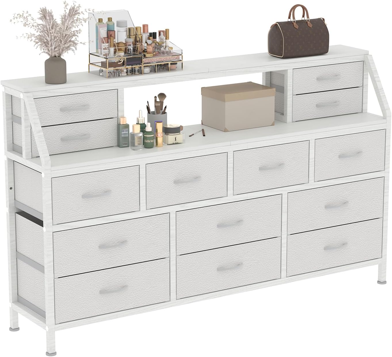 Dresser for Bedroom, 55' TV Stand with 14 Drawers, Long Dresser & Chests of Drawers with Shelves & Sturdy Metal Frame & Wood Top (White)