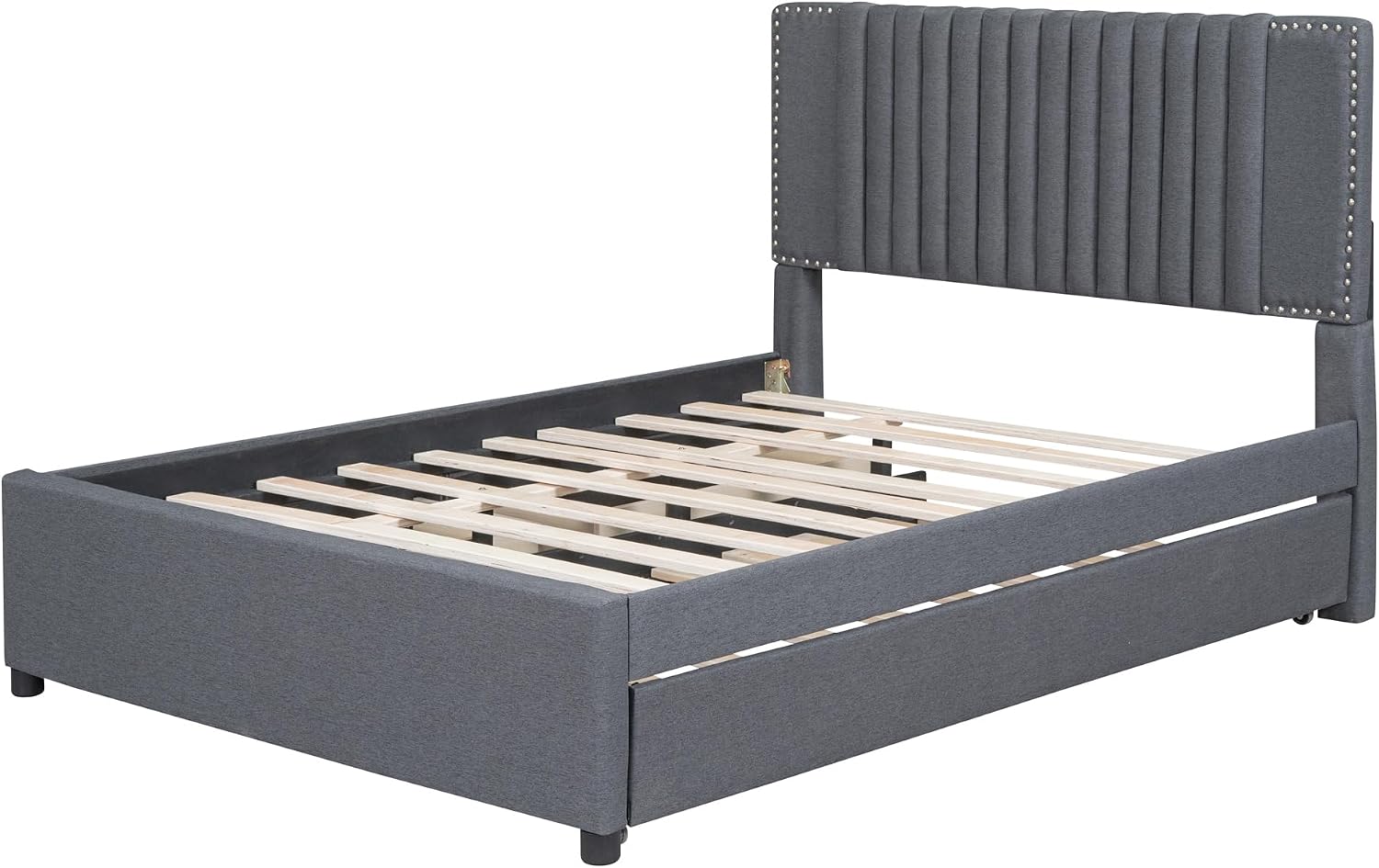 Merax Full Size Upholstered Platform Bed with 1 Twin Size Trundle and 2 Drawers,Soft Classic Headboard Design,Grey