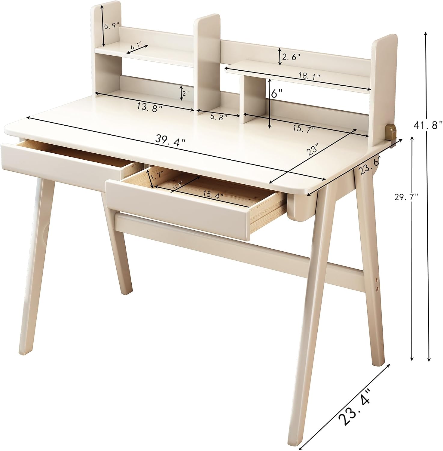 Kids Desk＆Table Rubber Wood Children's Study Desk with Bookshelf and Two Drawers for 3 Years and Above Student's Study Computer Workstation & Writing Table for Home Use(White