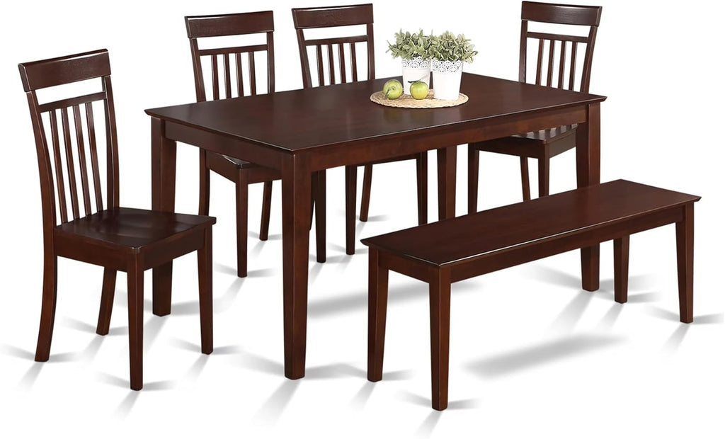 East West Furniture CAP6S-MAH-W 6 Piece Kitchen Table & Chairs Set Contains a Rectangle Dining Room Table and 4 Dining Chairs with a Bench, 36x60 Inch, Mahogany